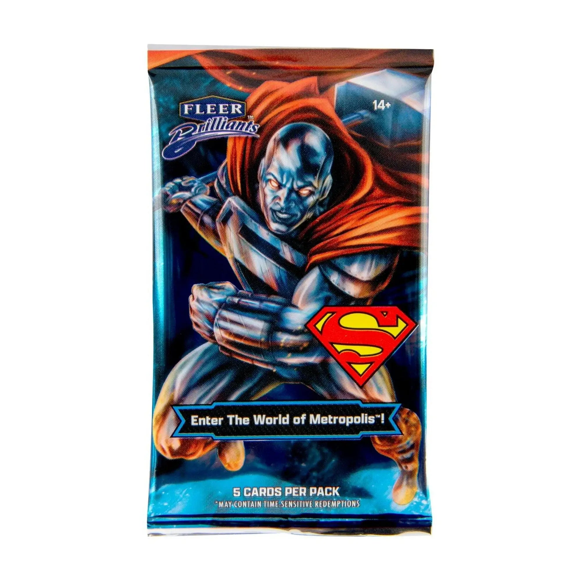 2025 Upper Deck Fleer Brilliant Superman s Blue Blaster Box packaging featuring Superman and Metropolis.