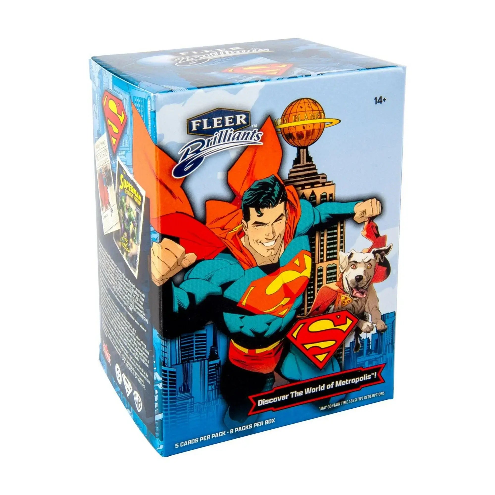 2025 Upper Deck Fleer Brilliant Superman s Blue Blaster Box featuring Superman and Metropolis with bright graphics.