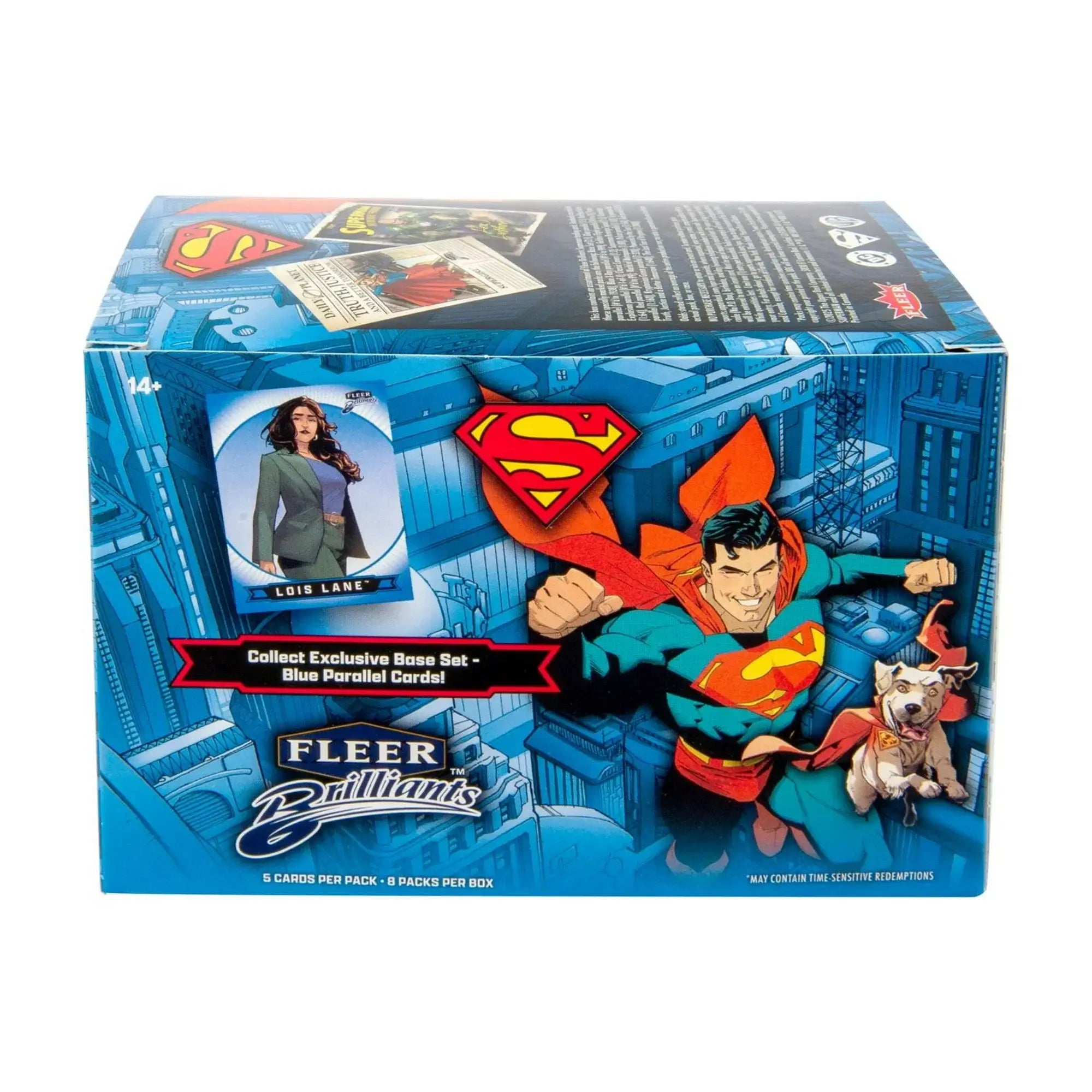2025 Upper Deck Fleer Brilliant Superman s Blue Blaster Box featuring Superman and Lois Lane in a vibrant design.