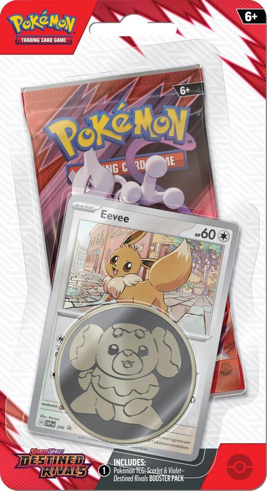 Destined Rivals Eeevee Blister Pack featuring Eevee card and booster pack from Pokémon TCG.