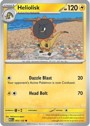 Heliolisk 053 - ME01 Mega Evolution card featuring Dazzle Blast and Head Bolt attacks.