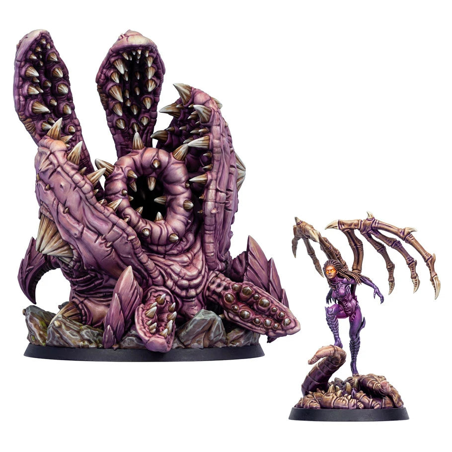 StarCraft Miniatures Game Zerg Kerrigan Hero Expansion Set featuring Kerrigan and Omega Worm miniatures.