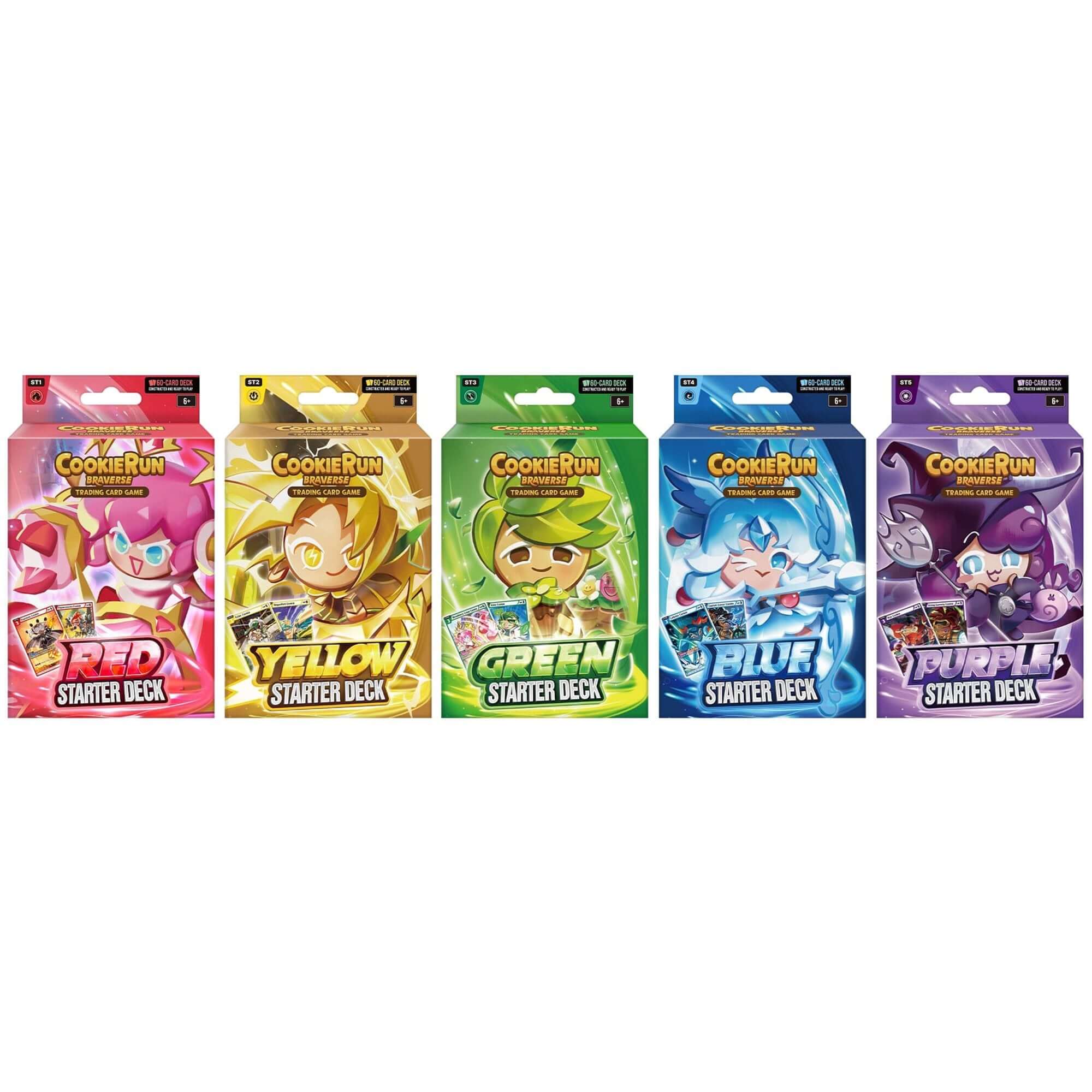 CookieRun Braverse TCG: Starter Deck - x5 (case) featuring colorful card decks: Red, Yellow, Green, Blue, and Purple.
