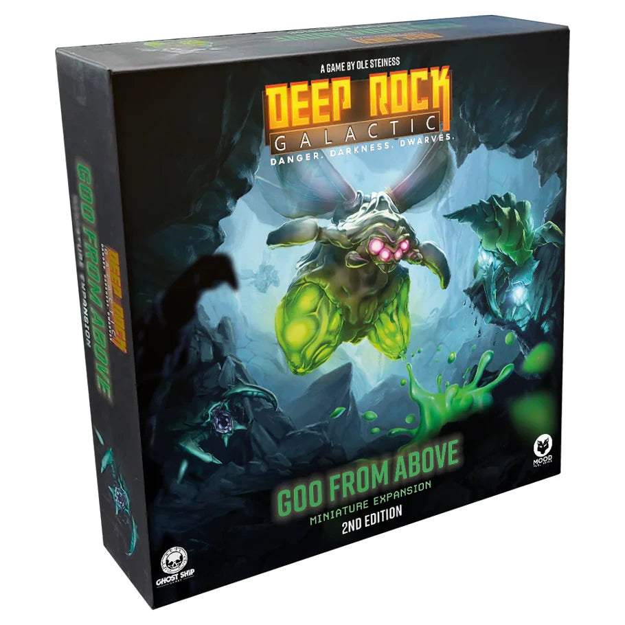 Deep Rock Galactic Goo from Above expansion box art featuring Goo Bomber and Glyphid Menace in dark caves.