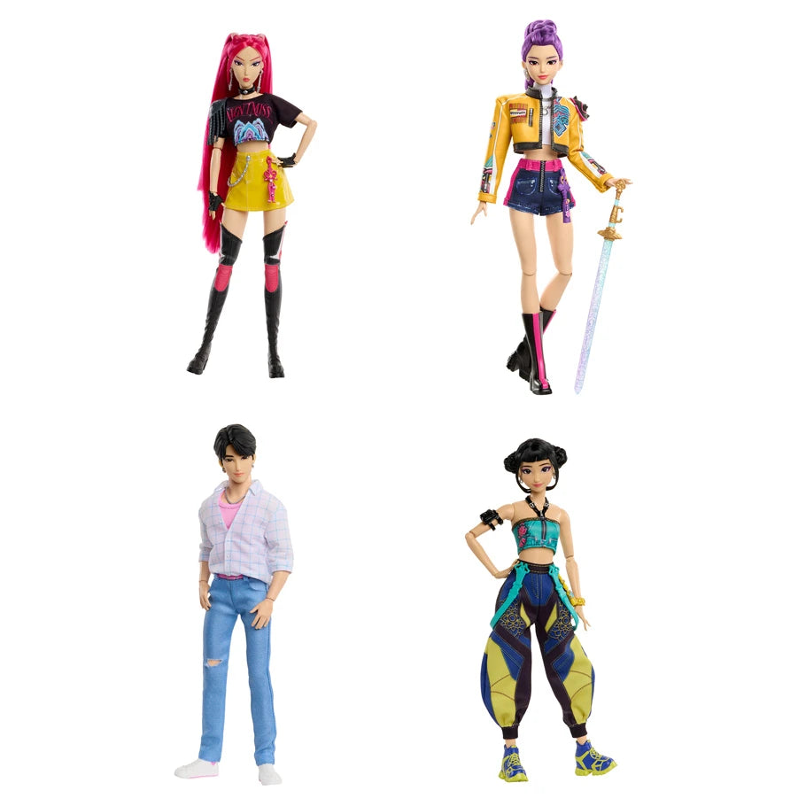 KPop Demon Hunters fashion dolls including Rumi, Mira, Zoey, and Jinu in stylish outfits.