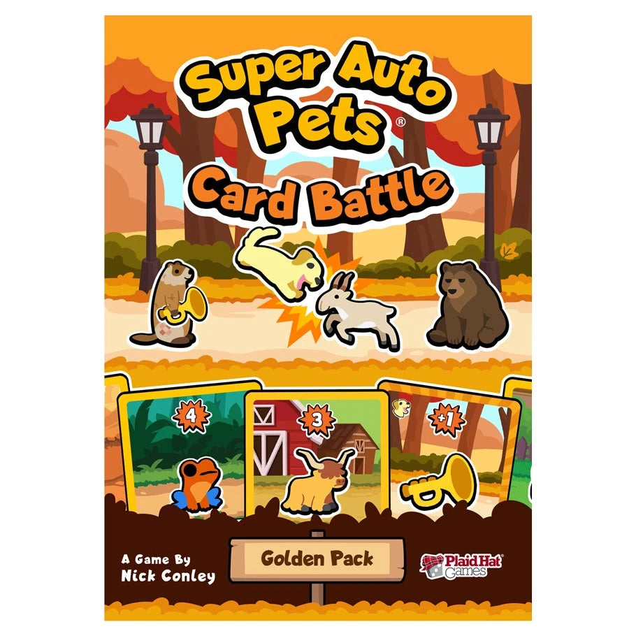 Super Auto Pets Card Battle Golden Pack game cover featuring animated pets and cards.