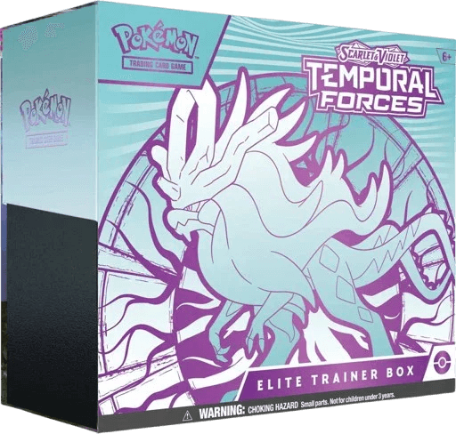 Scarlet & Violet Temporal Forces Elite Trainer Box featuring a mythical creature and detailed design.