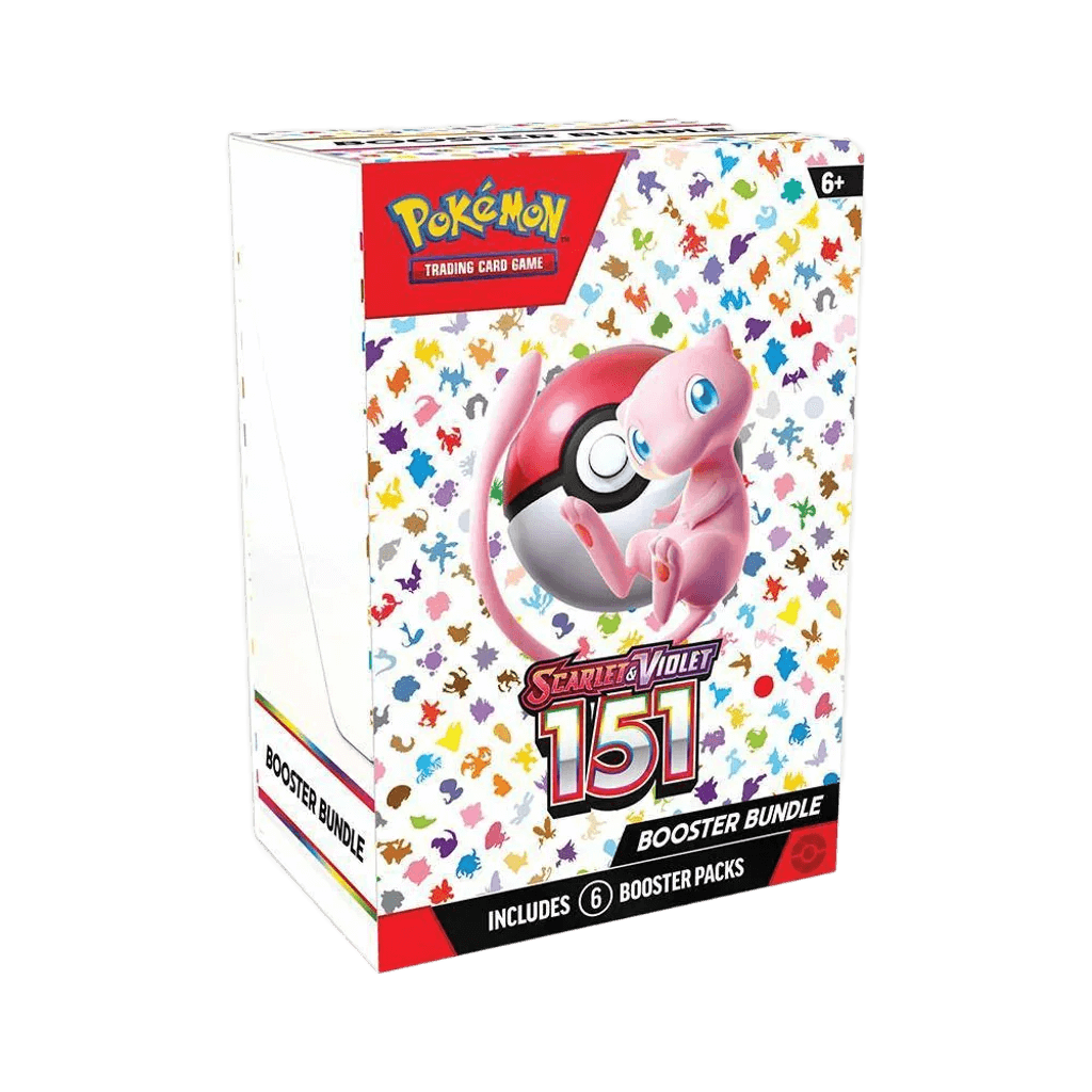 151 Booster Bundle Box featuring Mew and Poké Ball design in vibrant colors, includes 6 booster packs for Pokémon TCG.