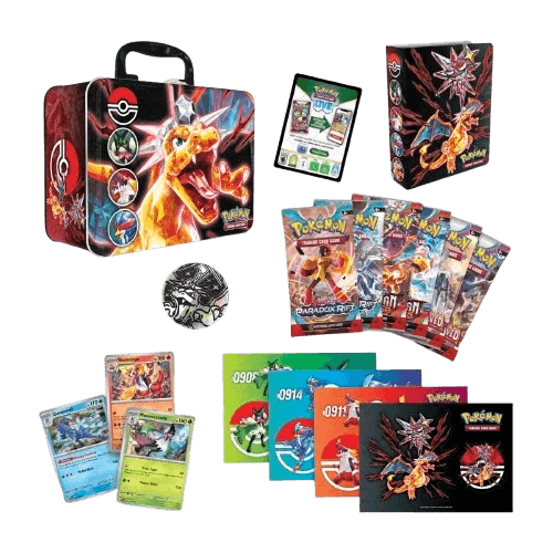 Fall 2023 Collectors Chest Lunch Box Charizard with Pokémon cards and accessories.