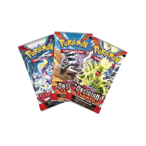 Pokémon Stacking Tin - Metal featuring three trading card packs from the Obsidian Flames set.