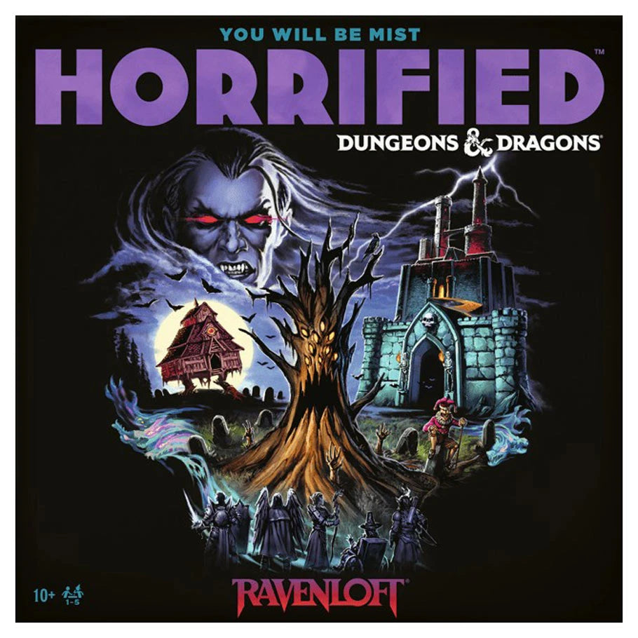 Horrified Dungeons & Dragons Ravenloft board game cover featuring iconic monsters and dark landscape.
