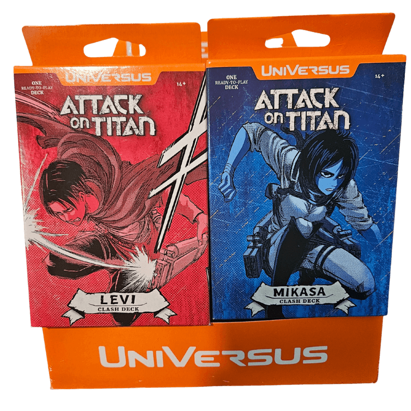 UniVersus Attack on Titan Ready to Play Starter Deck featuring Levi and Mikasa clash decks.