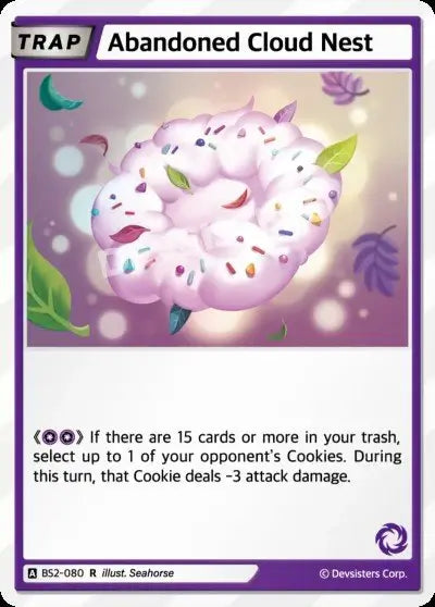 Abandoned Cloud Nest BS2-080 R card featuring a colorful dessert-like image and game instructions.