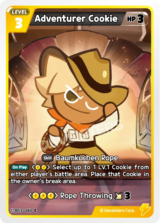 Adventure Cookie BS3-040 C | Common Card with skill Baumkuchen Rope and level 3 illustrated in colorful design.