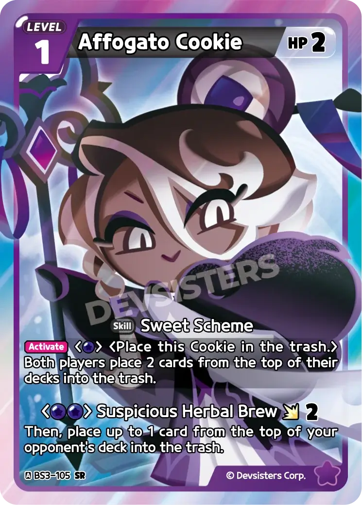 Affogato Cookie (BS3-105) SR – Heroes of Balance | Cookie Run TCG Super Rare Card showcasing foil artwork and skills.