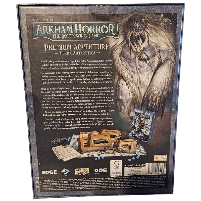 Arkham Horror RPG - Terra Antarctica game back cover showcasing expedition details and eerie creature.