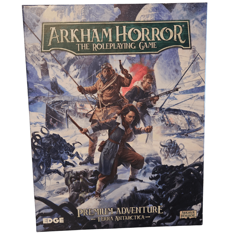 Arkham Horror RPG - Terra Antarctica board game cover featuring explorers in a snowy landscape.