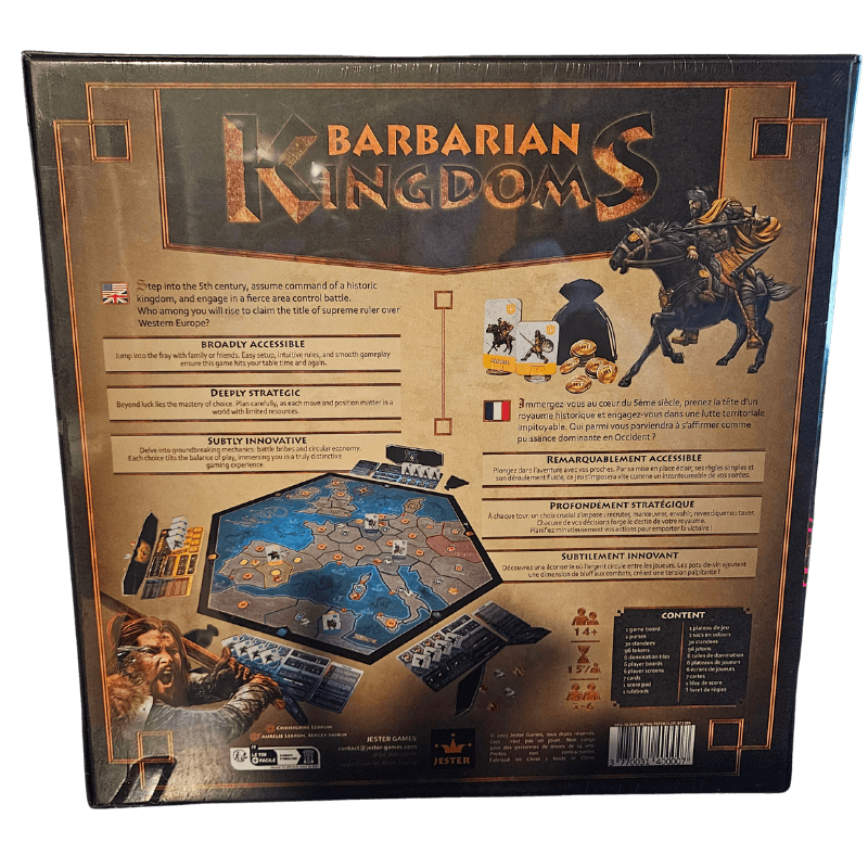 Back cover of Barbarian Kingdoms board game featuring gameplay mechanics and stunning artwork.