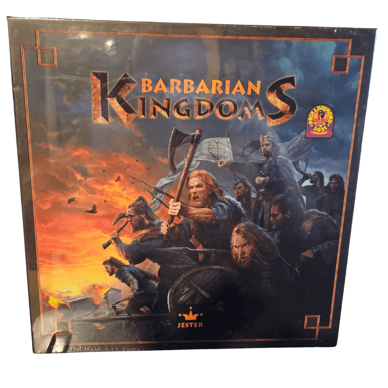 Image of the board game Barbarian Kingdoms, featuring warriors and a dramatic sunset backdrop.