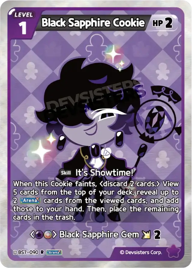 Black Sapphire Cookie BS7-090 R | Rare Card design featuring unique abilities and vibrant artwork.