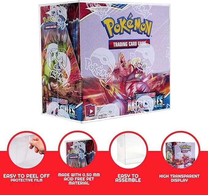 Booster Box Protector Case for Pokemon shown with protective film, acid-free PET material, easy assembly, and transparent display.