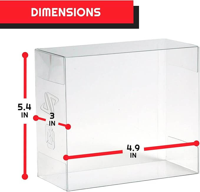 Booster Box Protector Case for Pokemon dimensions showing height 5.4 in, width 4.9 in, and depth 3 in.