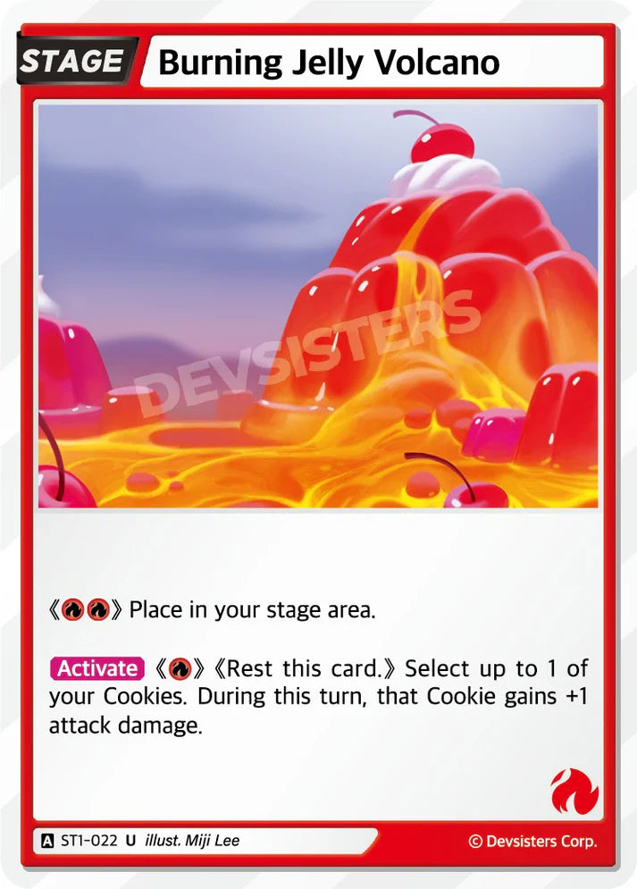 Burning Jelly Volcano ST1-022 U | Uncommon Card image showcasing its vibrant design and gameplay details.