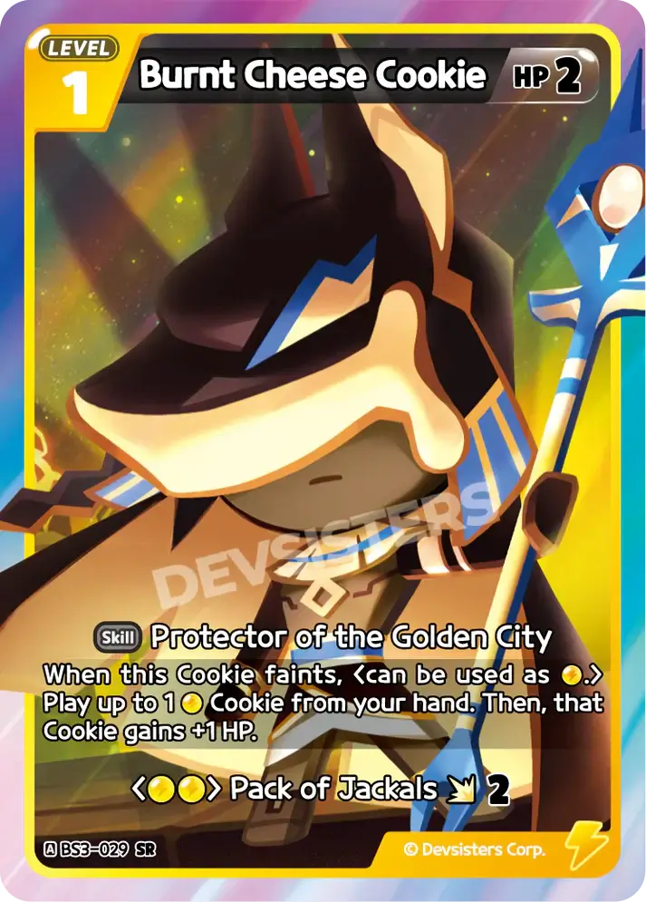 Burnt Cheese Cookie (BS3-029) SR – Brave Adventure | Cookie Run TCG Super Rare Card featuring special skills and stats.