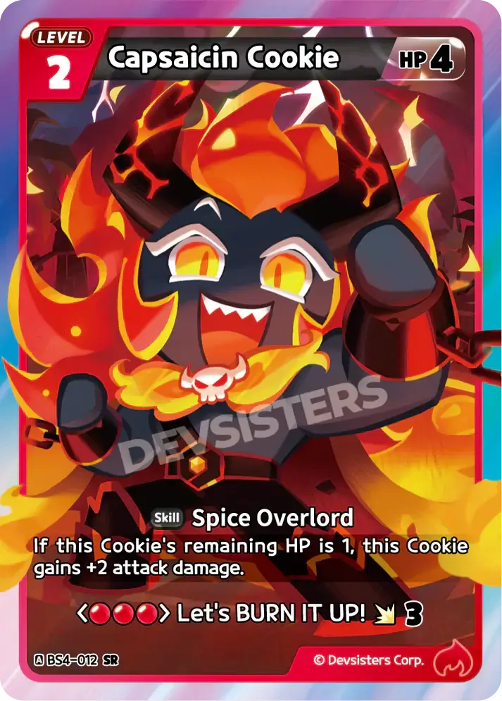 Capsaicin Cookie (BS4-012) SR – Brave Sweet | Cookie Run TCG Super Rare Card featuring fiery character design.