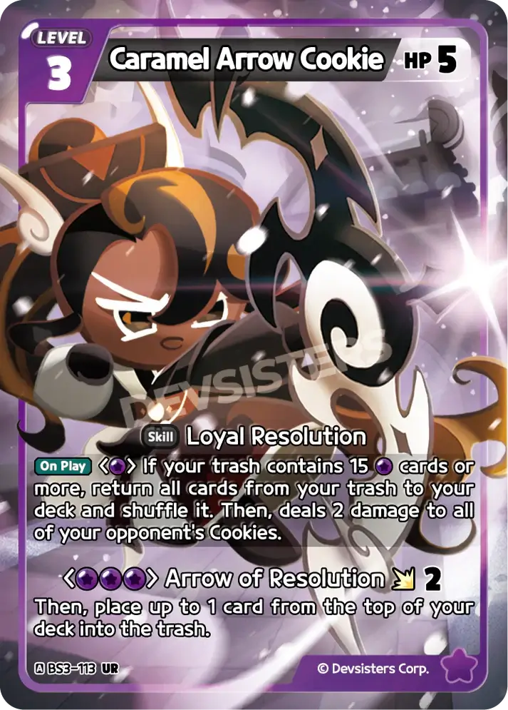 Caramel Arrow Cookie (BS3-113) UR – Brave Adventure | Cookie Run TCG Ultra Rare Card features a heroic design with skill details.