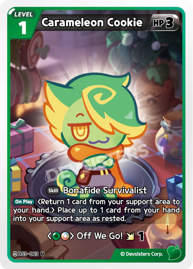 Carameleon Cookie BS3-063 U | Uncommon Card featuring Bonafide Survivalist skill and vibrant design.