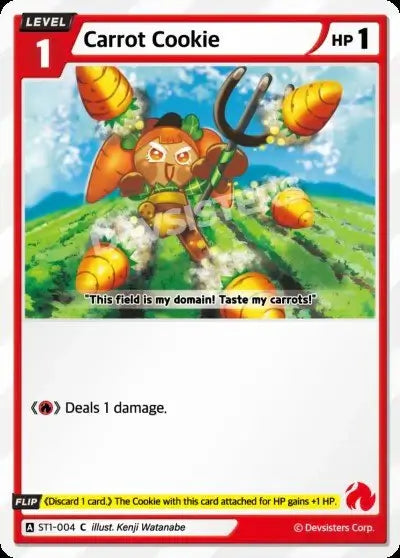 Carrot Cookie ST1-004 C | Common Card featuring a character in a vibrant field with carrots and a pitchfork.