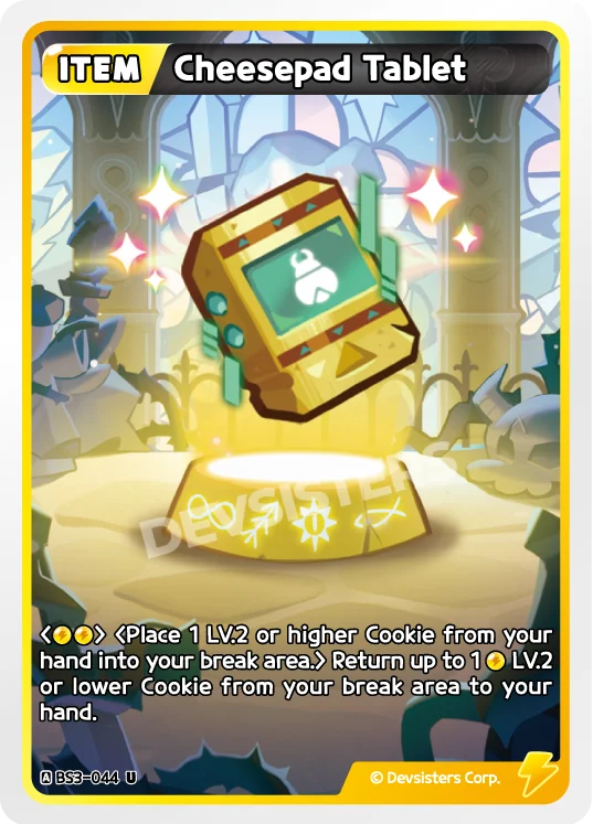 Cheesepad Tablet BS3-044 U | Uncommon Card displaying item and game mechanics in a colorful design.