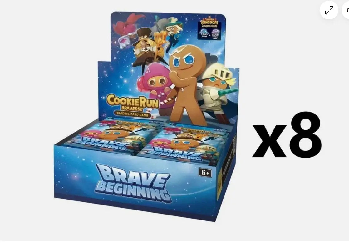 CookieRun Braverse TCG: Brave Beginning Booster Box Case + Promo with 8 sealed boxes for collectors and players.