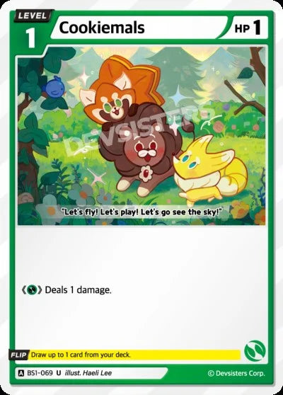 Cookiemals BS1-069 U | Uncommon Card featuring playful characters in a vibrant scene.