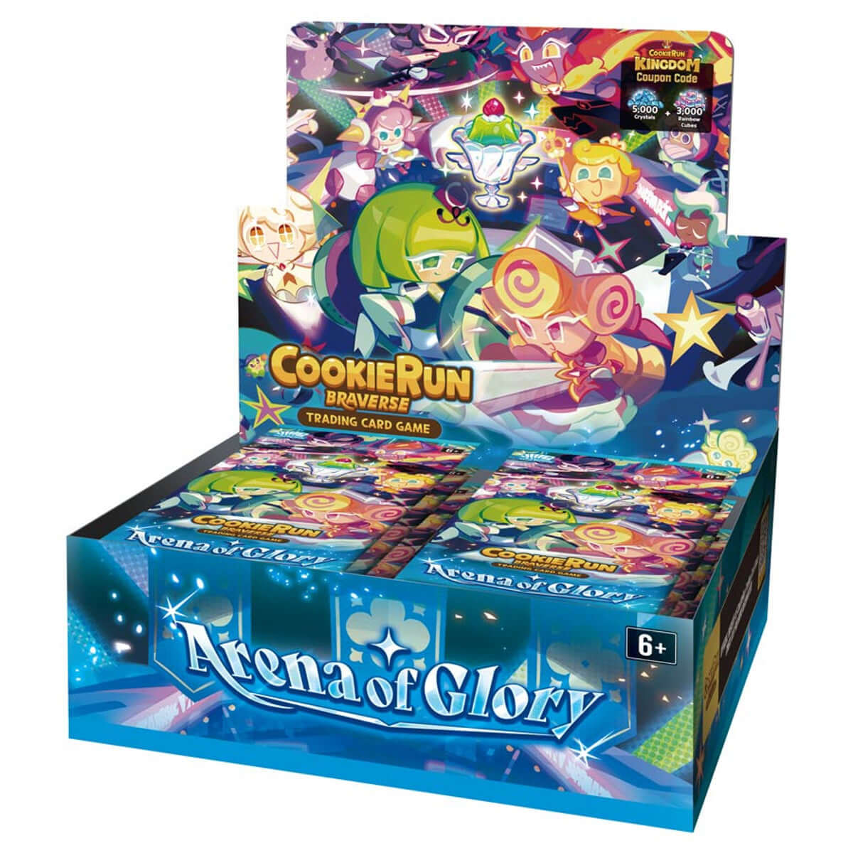 CookieRun TCG Set 3: Arena of Glory Booster Display PRE-ORDER showcasing colorful packs at a vibrant display.