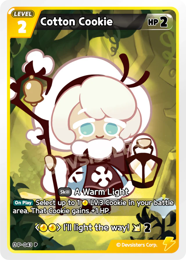 Cotton Cookie P-043 | Promo Card showcasing a cute character with a lantern in a whimsical forest setting.