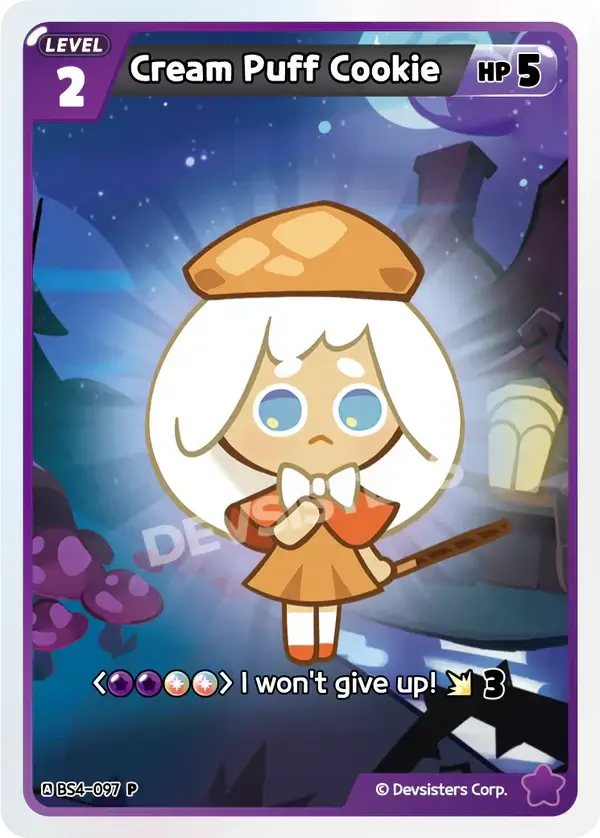 Cream Puff Cookie BS4-097 P | Promo Card featuring a cute character with a cookie hat and determined expression.