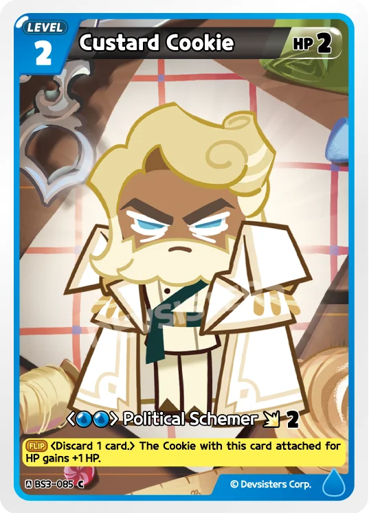 Custard Cookie BS3-085 C | Common Card featuring Political Schemer level 2 with HP 2 in a colorful design.