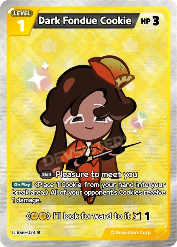 Dark Fondue Cookie BS6-023 R | Rare Card featuring character art and gameplay description.