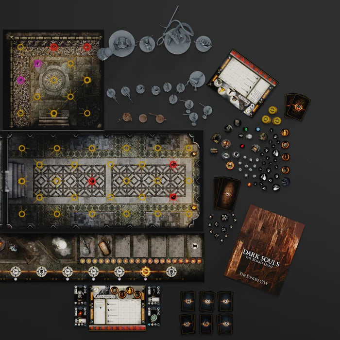 Gameplay setup of The Sunless City board game with modular dungeon map, enemy miniatures, and player dashboards