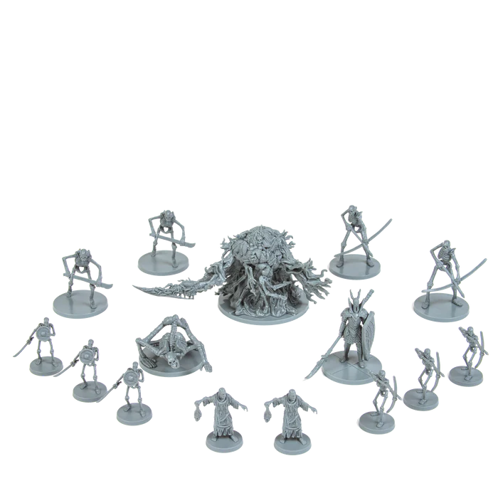 Cleric, Pyromancer, Thief, and skeletal enemies from Tomb of Giants core set miniatures lineup
