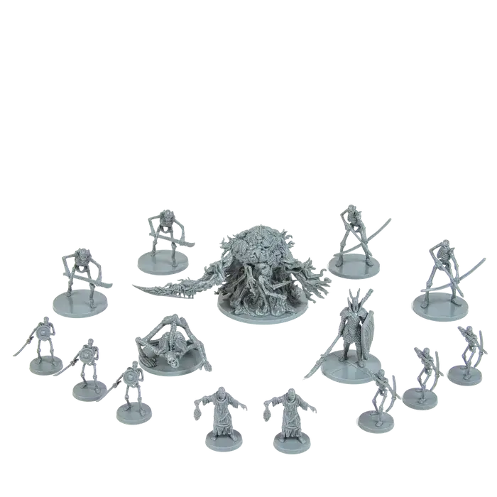 Cleric, Pyromancer, Thief, and skeletal enemies from Tomb of Giants core set miniatures lineup