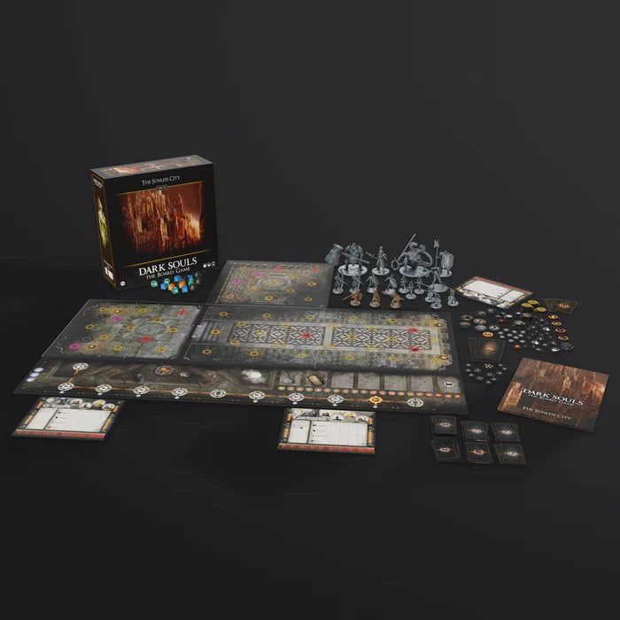 Unboxed contents of Dark Souls: Sunless City board game showing miniatures, dungeon tiles, cards, and components