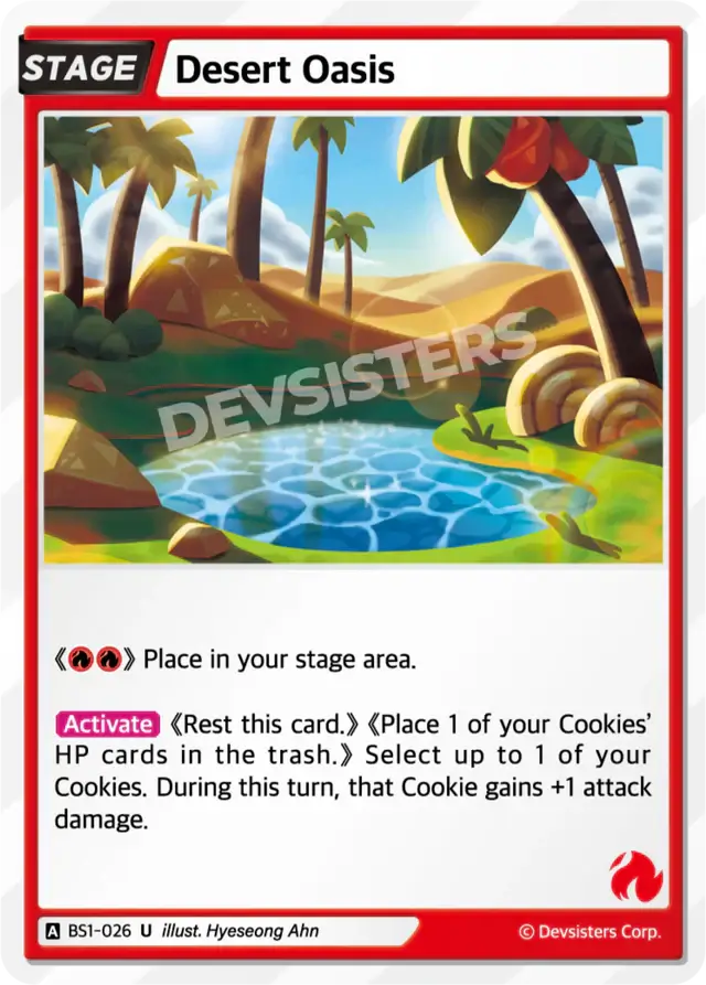 Desert Oasis BS1-026 U | Uncommon Card featuring a tranquil oasis landscape with water and palm trees.