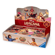 Disney Lorcana Reign of Jafar Booster Box featuring collectible trading cards and characters.