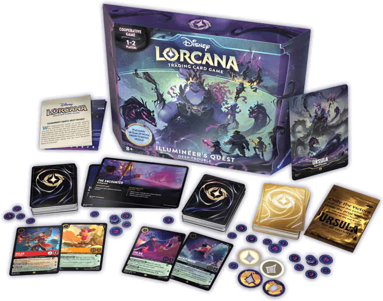 Disney Lorcana TCG: Ursula`s Return - Illumineer`s Quest game box and components featuring Ursula.