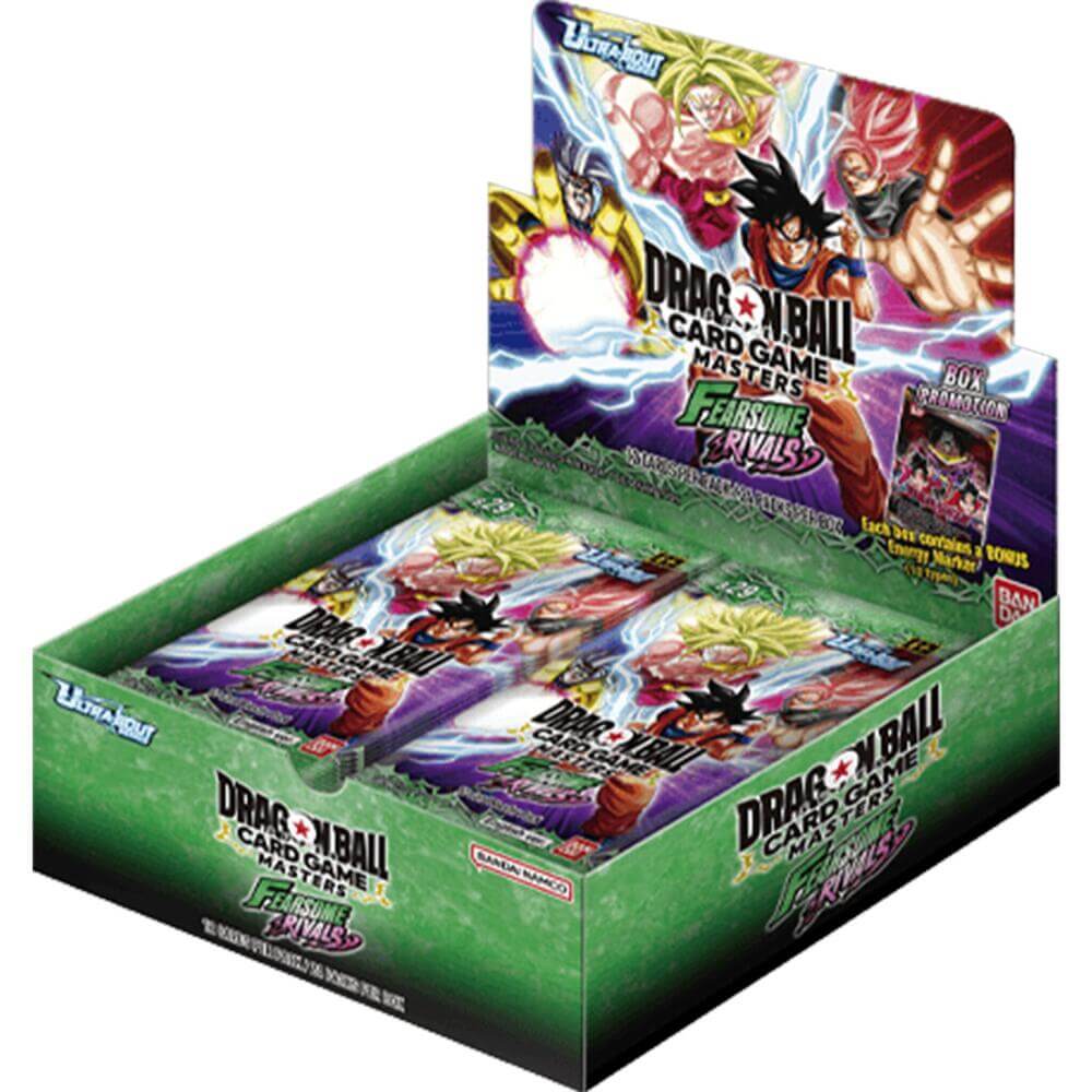 Dragon Ball Fearsome Rivals Booster Box DBS BT29 with booster packs and artwork of Goku and rivals.