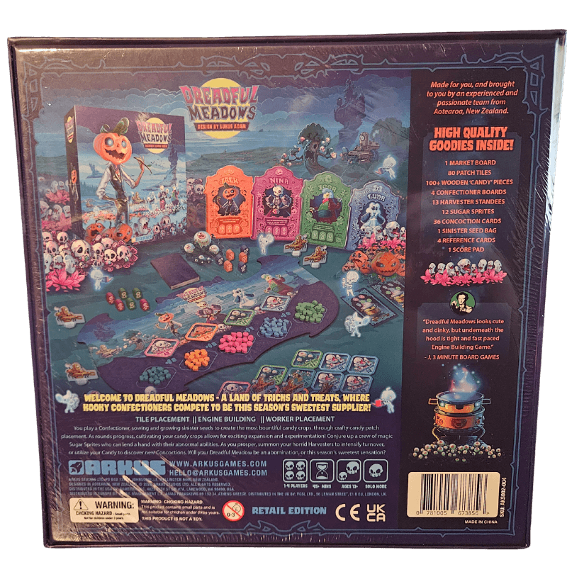 Back cover of Dreadful Meadows board game showcasing components and eerie theme.