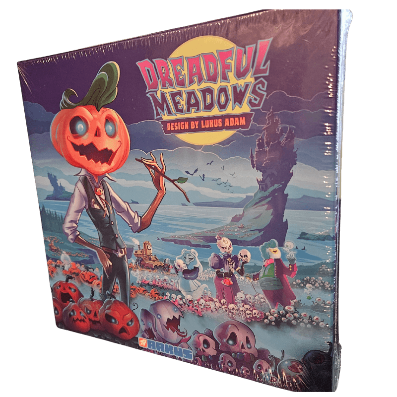 Dreadful Meadows board game packaging featuring spooky characters and eerie candy themes.
